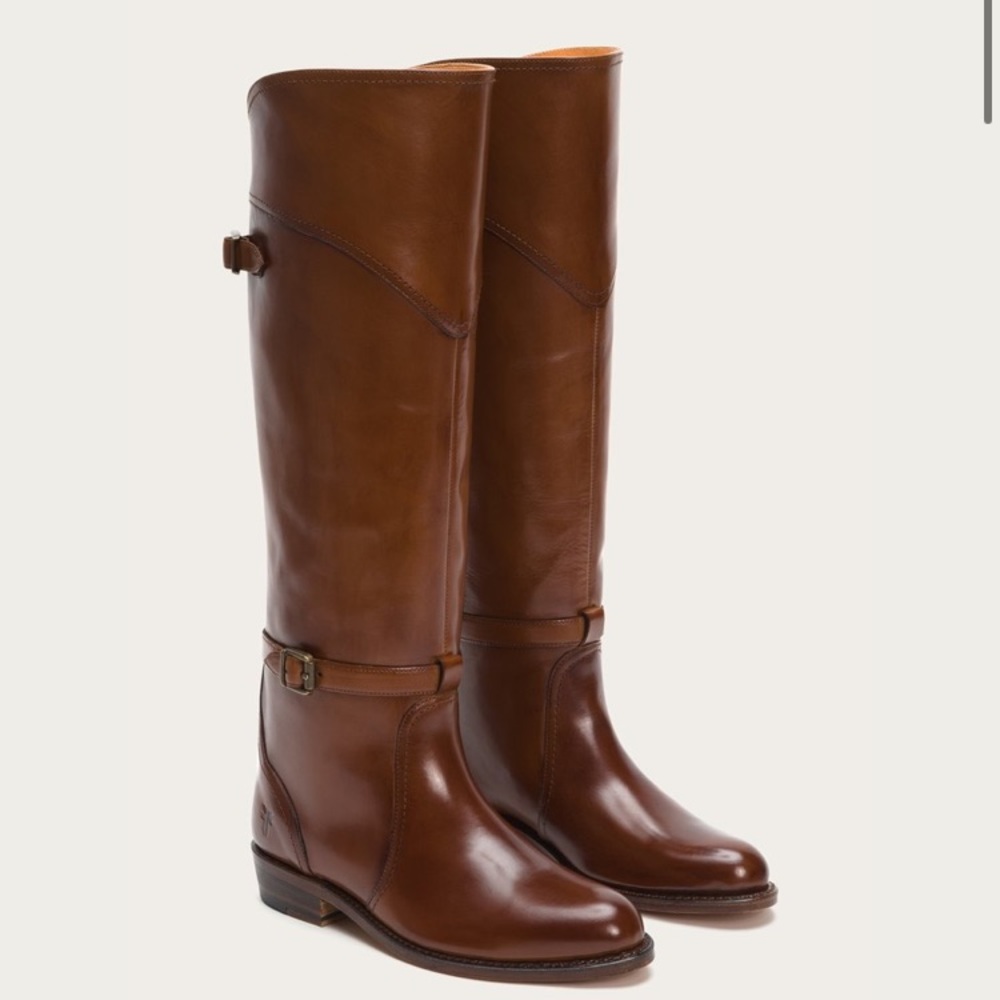Frye Dorado Polished Genuine Leather Bordeaux/Light Red Knee High Riding Boots - Picture 2 of 16